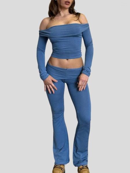 Pantalones de mujer sexy 2 piezas trajes para mujer Y2K manga larga fuera del hombro Crop Top cintura baja llamarada conjunto salón yoga chándal