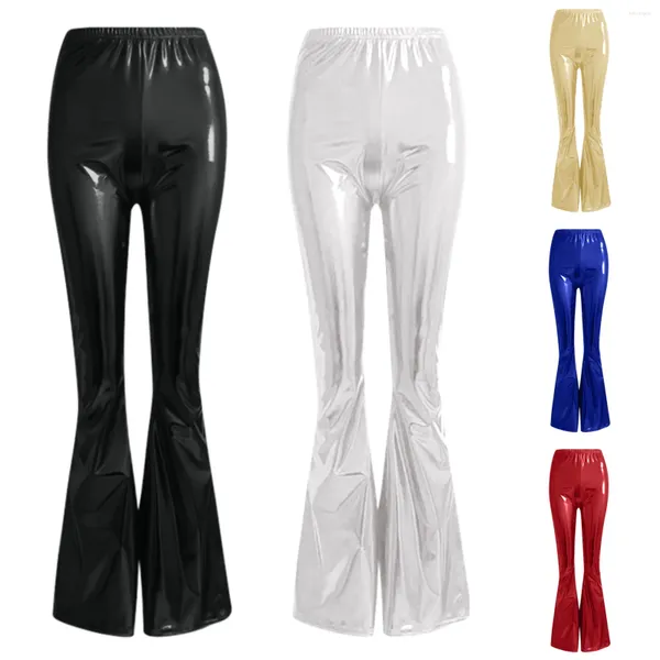 Pantalons pour femmes Sexy Latex Cuir Métallisé Brillant Holographique Flare Femmes Filles Moulante Taille Élastique Cloche Pantalon Clubwear