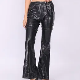 Damesbroeken Sexy PU-leer Metallic glanzend holografisch Flare Dames Meisjes Elastische taille Bell Bottom-broek Clubwear