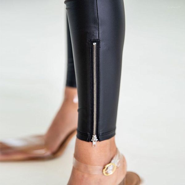 Pantalones de mujer Sexy PVC mate cintura alta rectos negros pantalones delgados calle Retro flaco elástico longitud del tobillo personalizado