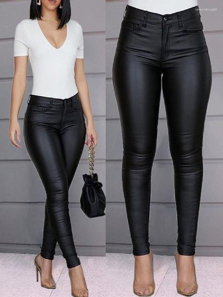 Pantalon femme Sexy moulant en cuir PU couleur Pure petits pieds femmes pantalon chaud dame Stretch taille haute décontracté femme