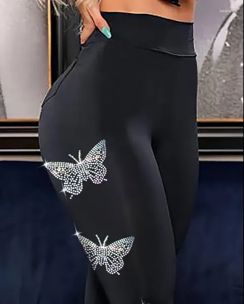Pantalones de mujer Pantalones sexys 2023 Moda Primavera Verano Color sólido Rhinestone Patrón de mariposa Leggings de cintura alta para fiesta