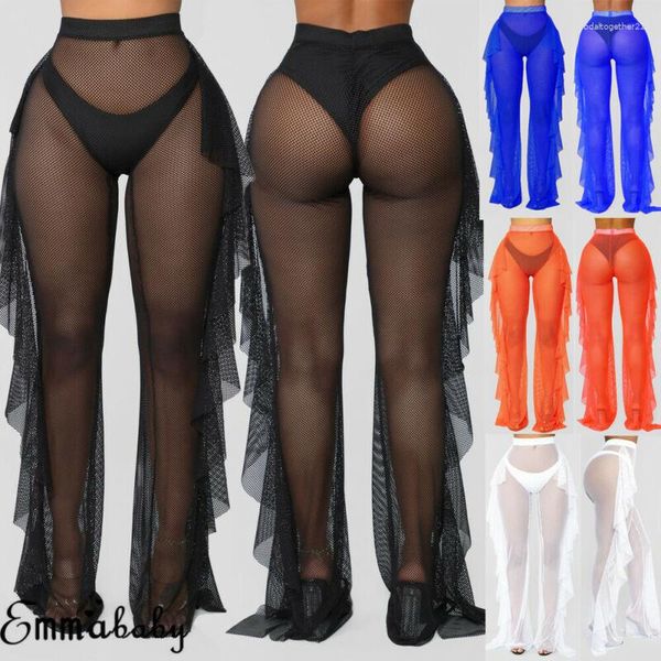 Pantalones de mujer Sexy Women Beach Cover Up See Through Ruffle Mesh Sheer Long Bikini Bottoms Traje de baño Traje de baño