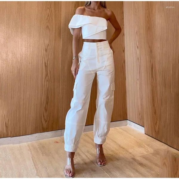 Pantalones para mujer Mujeres sexy Un hombro Mini Top Conjunto de dos piezas 2023 Primavera Casual Camisa sin mangas Trajes delgados Lady Office High Streetwear