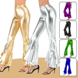 Pantalon femme brillant évasé Laser métallique Wetlook à volants rétro Hippie Club pantalon slim cloche bas jambe large pour les femmes