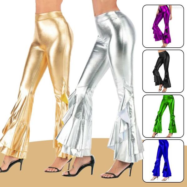 Pantalones de mujer Shiny Flare Laser Metallic Wetlook Ruffle Retro Hippie Club Pantalones Skinny Bell Bottoms Pierna ancha para mujer