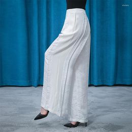 Pantalones de mujer Jacquard de seda Crescent White Cintura natural Mujeres KE508 Plisado Invisible Side Pull Refrescante Pantalones de pierna ancha