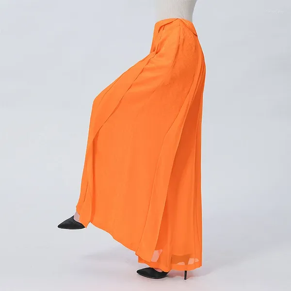 Pantalon Femme Soie Jacquard Orange Taille Naturelle Invisible Fermeture À Glissière Pli Couture Lâche Couvert Viande Été Jambe Large Pour Les Femmes KE538