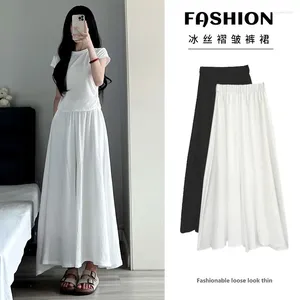 Damesbroek zijden vrouwen Koreaans pleiten verdeelde rok 2024 zomer hoge taille losse jupe mode elastische a-line faldas lady swing