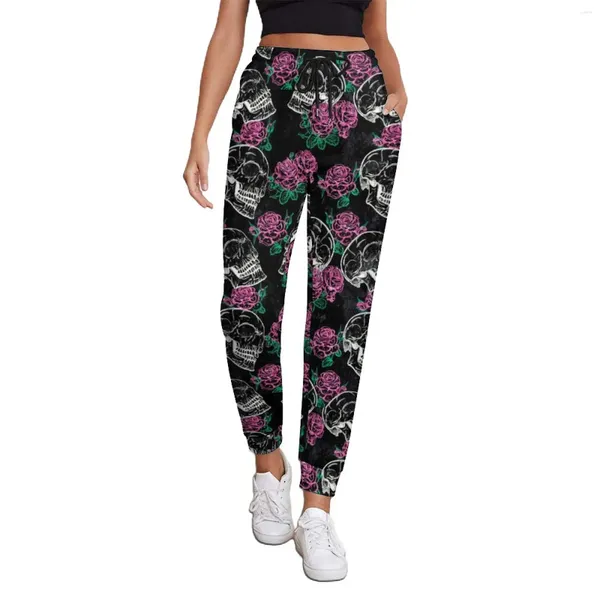 Pantalones de mujer Esqueleto Grunge Glam Moda Mujer Azúcar Calavera Rosas Rosas Casual Joggers Otoño Streetwear Pantalones de gran tamaño Regalo de cumpleaños