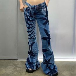 Calças femininas magro denim sexy oco cintura baixa perna larga 2023 moda elegante tie-dye calças jeans vintage calça