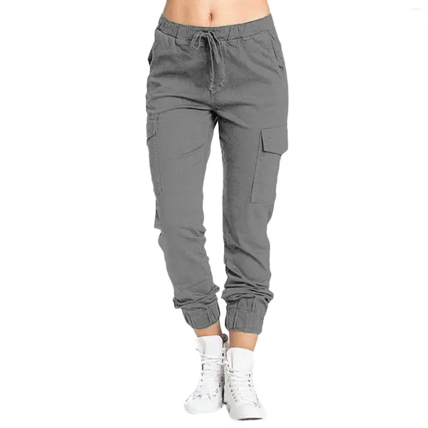 Pantalones de mujer Slim Fit Cargo cintura media alta elástica ropa de calle deportiva Color sólido Harem pantalones recortados para mujer