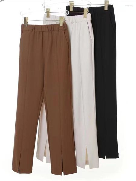 Pantalones de mujer con abertura ajustada, pantalones de traje para mujer, Color sólido, cintura elástica, combina con todo, largos con bolsillos, otoño 2023