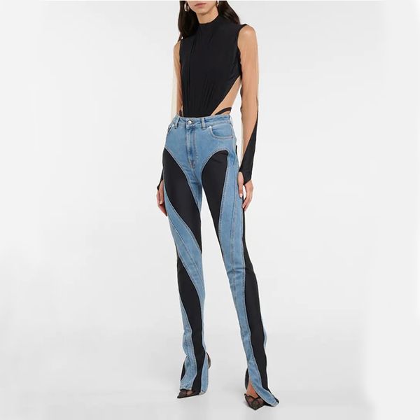 Pantalons pour femmes Petite foule conception sens déconstruction style contraste couleur jeans pour femmes à l'automne 2023 sexy filles chaudes montrent de longues jambes minces et un pantalon taille haute