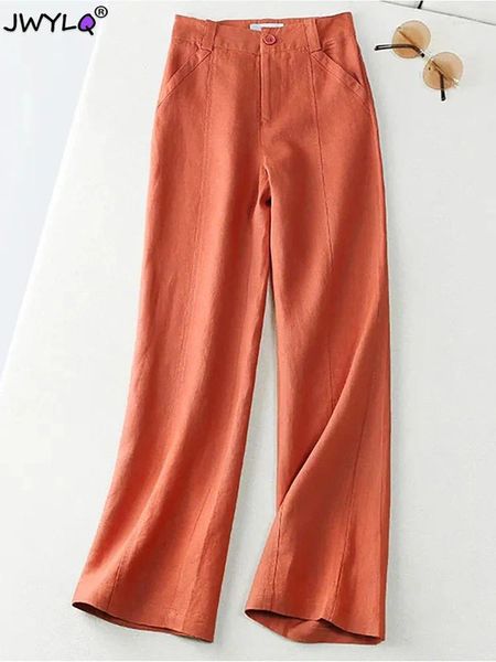 Pantalones para mujer Color sólido Algodón Lino Baggy Mujeres Verano High Wiast Piernas largas y rectas Mujer Ol Oficina Trabajo Pantalones casuales