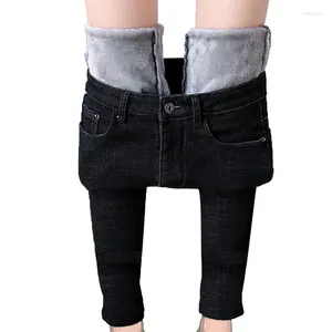 Pantalon femme couleur unie doublé polaire jean hiver adulte ceinture haute poche Leggings coupe ajustée Plus chaud épais
