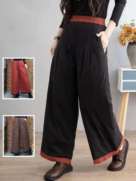 Pantalones De Mujer Color Sólido Pliegues Algodón Espesar Mujeres Pierna Ancha Elástico Cintura Alta Recta Casual Moda Patchwork Acogedor Pantalones Sueltos