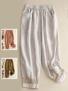 Pantalon féminin couleur solide femme coton lin harem 2024 été creux creux en dentelle de navette pantalon de mode yoyikamomo
