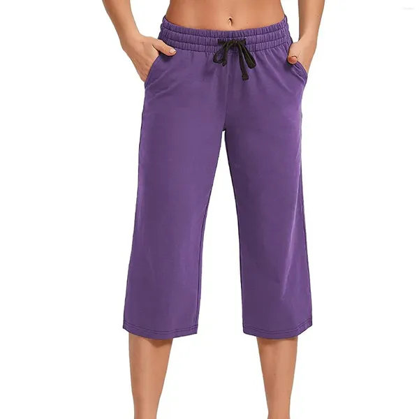 Pantalones para mujer Color sólido Yoga Danza Recortada Casual Deportes de interior Bolsillo recto Pierna ancha Fitness Pijama