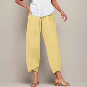 Damesbroek vast katoenen linnen voor vrouwen casual elastische tailleband wijd uitlopen wijd been zomer boho pantalones streetwear broek