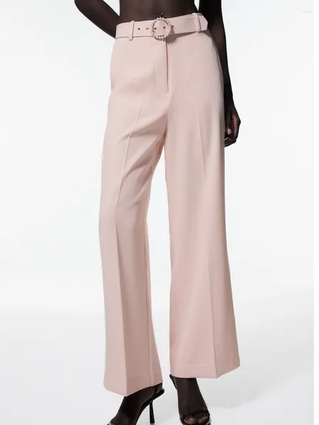 Pantalon femme solide élégant avec ceinture de perles taille haute droite jambes larges pantalon Long Streetwear bureau dame pantalon 2023 automne
