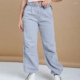 Calças femininas sólidas soltas casuais jeans moda feminina cordão elástico na cintura denim sweatpants feminino rua todos os jogos bottoms