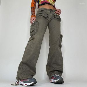 Pantalon féminin de poche solide cargo gris basse hauteur droite à jambe droite