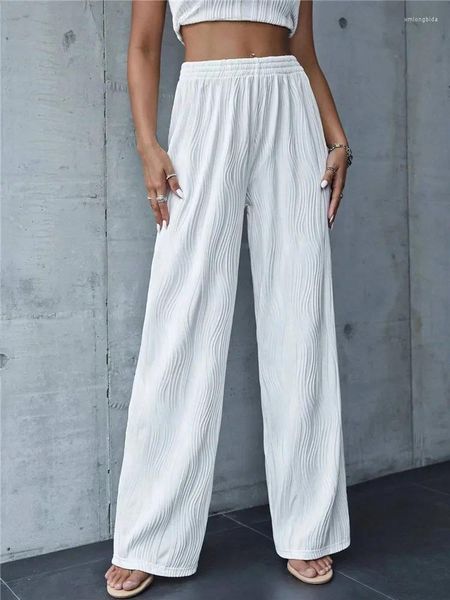 Pantalon Femme Solide Blanc Côtelé Tricoté Jambe Large Femmes Printemps Été High Street Style Y2K Casual Taille Élastique Pantalon Streetwear 2024