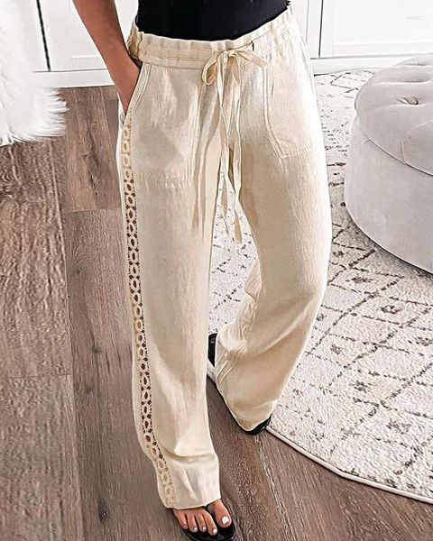 Pantalones de mujer lisos de algodón y lino de verano con cordón calado y cintura elástica pantalones largos informales con bolsillos para mujer