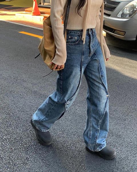 Pantalones de mujer Corea del Sur Chic Otoño e Invierno Nicho Retro Diseño irregular Cintura alta Todo desgaste Thin Daddy Jeans de pierna ancha Mujer