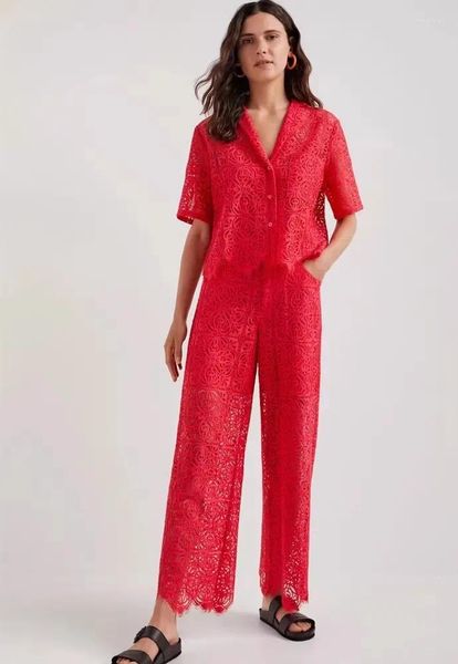 Pantalon pour femmes, mode espagnole, veste d'été rouge au Crochet, manches courtes, taille haute, jambes larges
