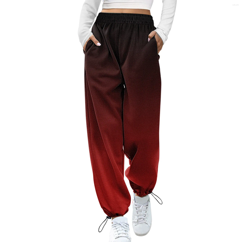 Calças femininas esportivas bolsos de cintura alta esportiva calça de corredor de fundo gradiente impressão de lea reta calça de moletom casual para mulheres