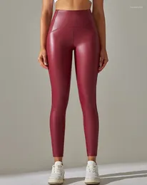 Pantalons pour femmes Leggings élastiques sportifs taille haute poches en cuir Pu doublé polaire pantalon de Yoga maigre de levage des hanches