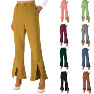 Pantalons pour femmes printemps et automne nouvelle taille haute décontractée solide velours côtelé ample fendu