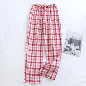 Pantalon féminin Pyjama à carreaux de printemps et d'été Femmes coton ménage lâche confortable mince pantalon à cordon de cordon élastique mince