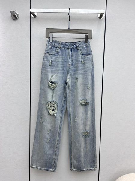 Pantalones De Mujer Primavera Y Verano Para Hacer Agujeros Para El Cabello Viejos Decorados De Talle Alto Y Pierna Recta