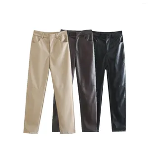 Pantalon femme printemps automne taille haute en cuir droit femmes fermeture éclair décontracté polaire PU pantalon femme noir