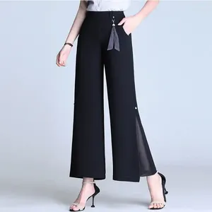 Pantalon féminin Spring Automne Office Fashion Wide Jam Patchwork Gauze Femmes Elastic High Wistr Loust Casual Black Straight Tablers Z64