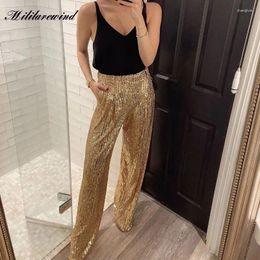 Pantalon à paillettes pour femmes, beau, tendance, taille haute, ample, droit, élégant, doré, yeux brillants, printemps, 2024