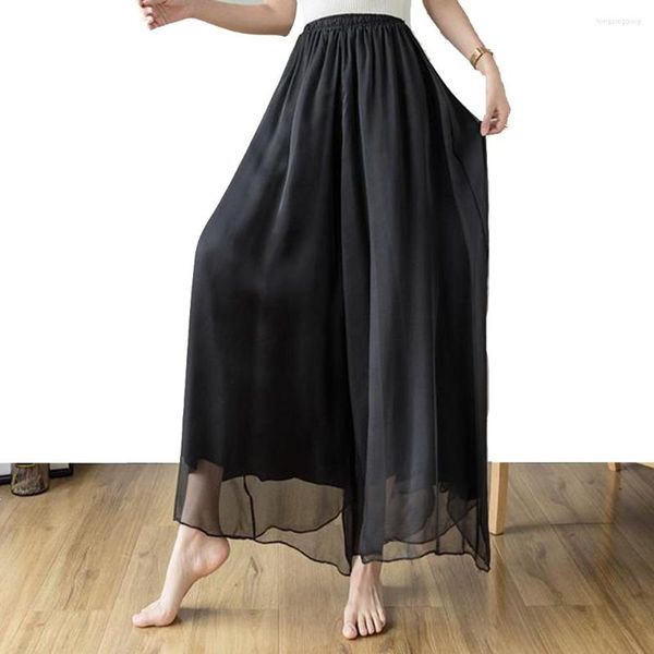 Pantalon femme printemps été 2023 en mousseline de soie jambe large pour les femmes Vintage pleine longueur élégante jupes noires taille élastique pantalon
