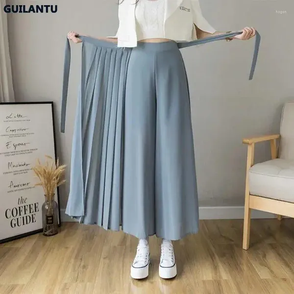 Pantalones de mujer Primavera Verano estilo coreano Y2k mujeres plisadas pantalones de gasa cintura alta Hakama Casual pantalón de pierna ancha falda