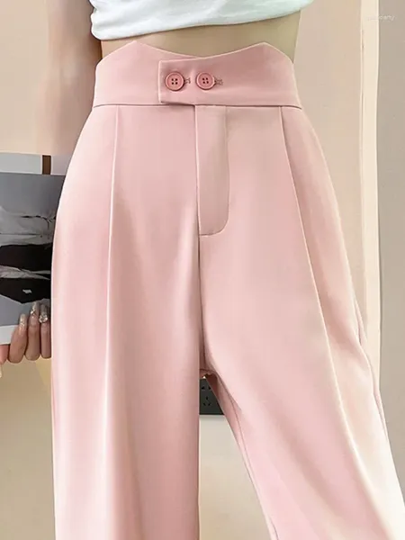 Pantalon femme printemps été rose bouton costume jambe large pleine 2024 femme taille haute bureau dame pantalon ample décontracté