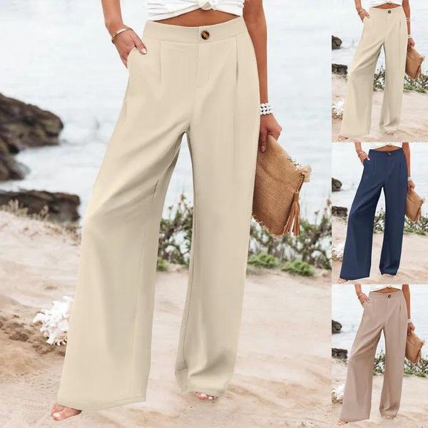 Pantalon féminin printemps d'été bouton droit vers le haut taille vintage des jambes larges à jambe large pantalon soft flowy femelle