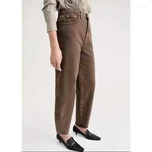 Pantalon féminin printemps / été femme jeans denim coton droit brun skinny longe de longueur poche haute rue