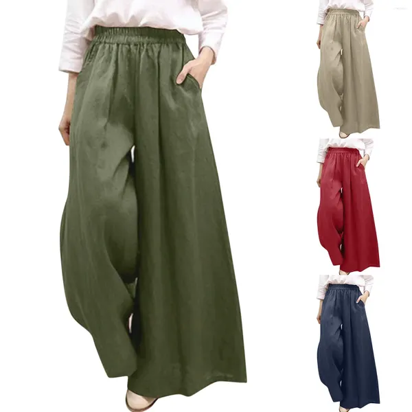 Pantalones de mujer Primavera Verano Mujeres Pierna ancha Oficina Señora Algodón Lino Bolsillos Color Sólido Pantalones Casuales Sueltos Cintura Elástica Palazzo