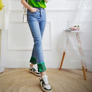Pantalon femme droit 9 points Style chinois Jacquard Satin plaque bouton sertissage mi-taille mince jean 2023 printemps été