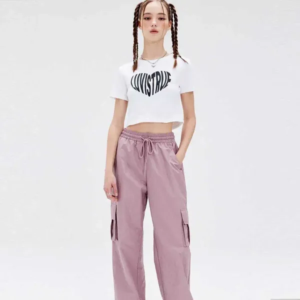 Pantalon femme jambe droite cargo décontracté 2023 classique américain rue hip hop taille haute grande poche latérale rose pieds groupés dessiner corde pantalon