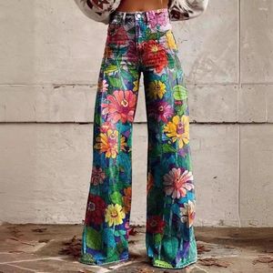 Pantalon féminin Ligne étendue Vintage à imprimé floral taille haute pour femmes Pantalons de bouton rétro avec des poches