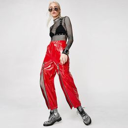 Pantalon femme rue taille haute Stretch PU cuir Cargo pantalon femmes ample longue fermeture éclair brillant brevet poche pantalon Streetwear personnalisé