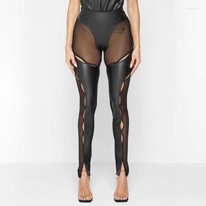 Femme Pantalon Rue Personnalité Maille Panneau Leggings Creux Cuir Sexy Crayon Collants Tempérament Femme Printemps